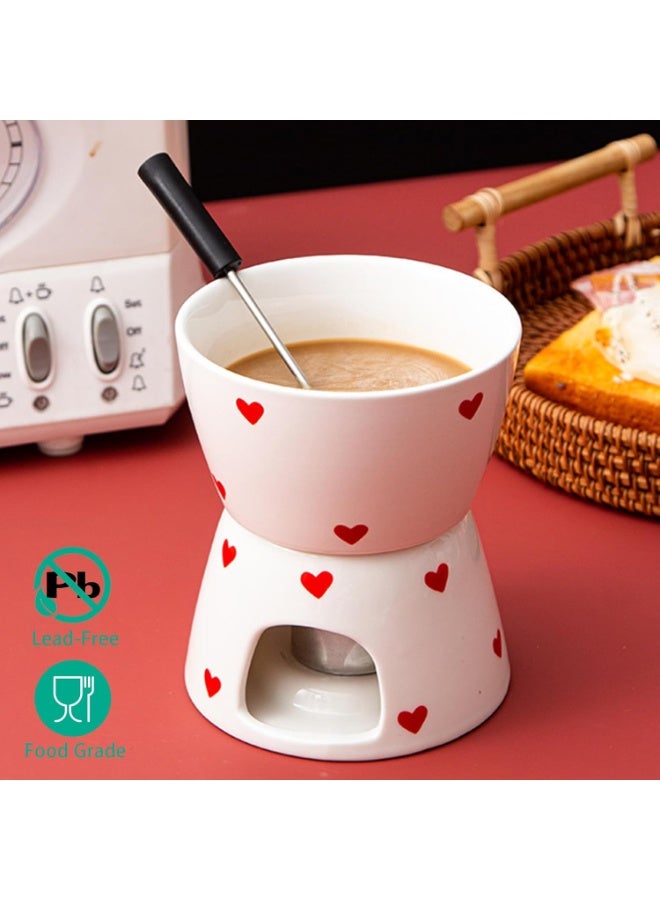 Bukela كوب فوندو الجبنة الحلوة مع شوكتين للغمس، مجموعة أكواب ذوبان الشوكولاتة الخزفية البيضاء، دافئ زبدة لطيف للمأكولات البحرية، ذوبان شوكولاتة فريدة للمواعيد/الذكرى/هدية/عيد الميلاد (حب أبيض) - Image 3